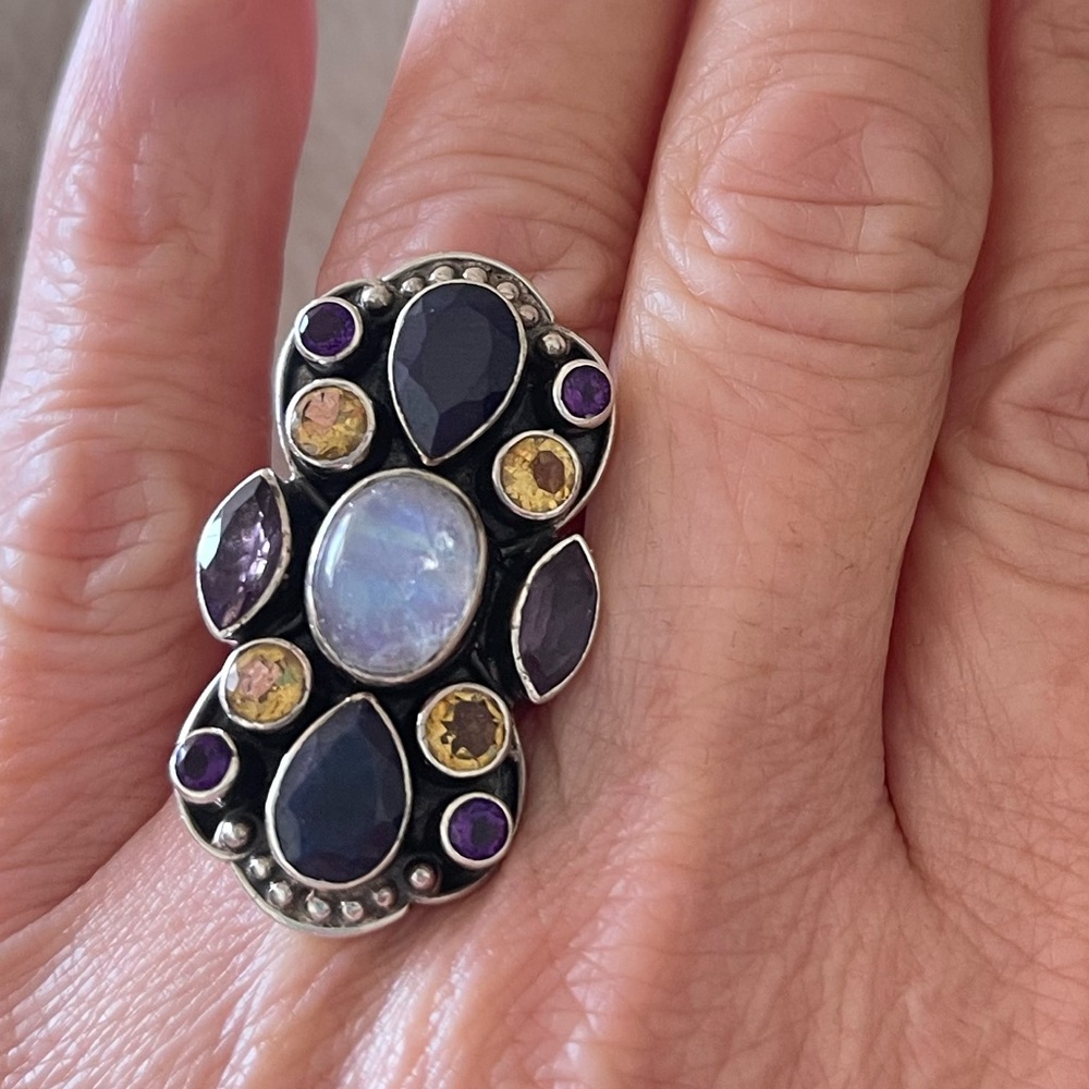 Designer Sterling Silver Multi Gemstone Moonstone Sapphire Cabochon Ring